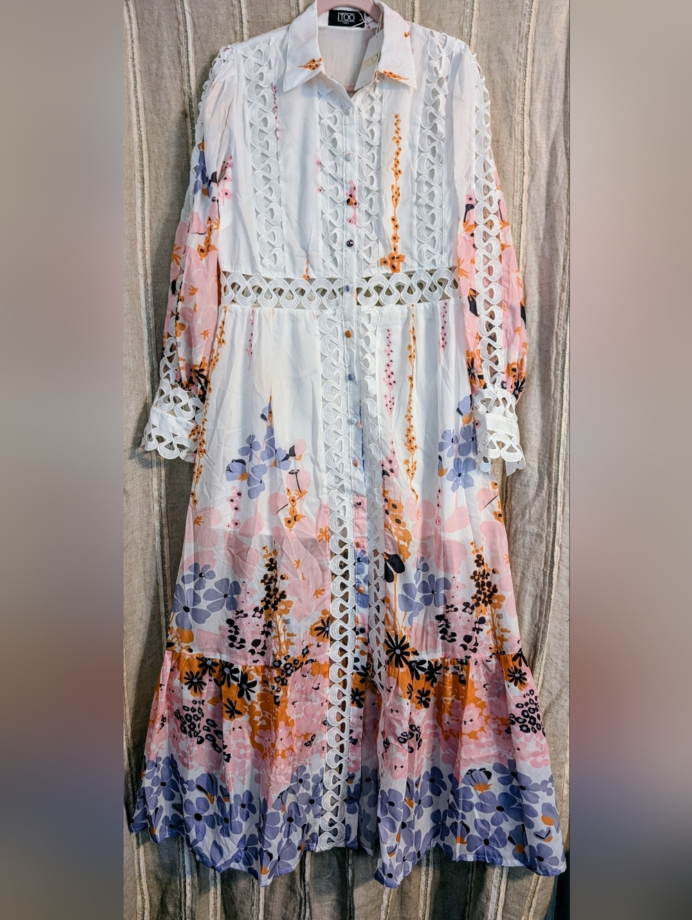 Itoo Italy Bohemian Lace-Trim Floral Midi Dress in White with Pastel Blooms